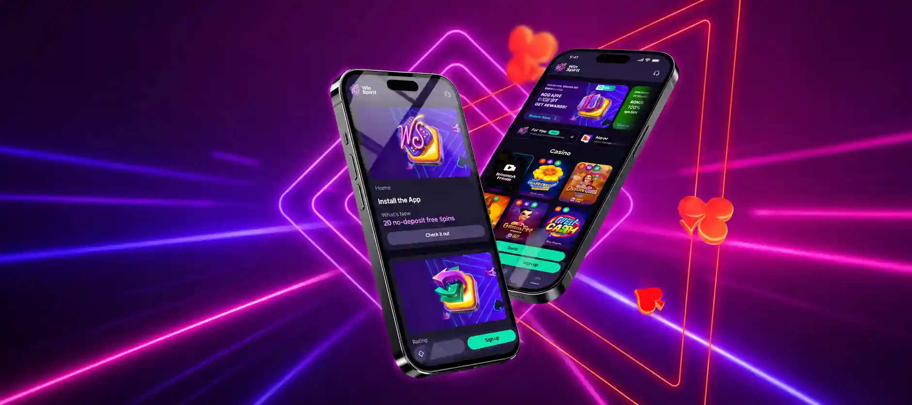 WinSpirit Casino app download banner showing two smartphones displaying the install screen and casino game library
