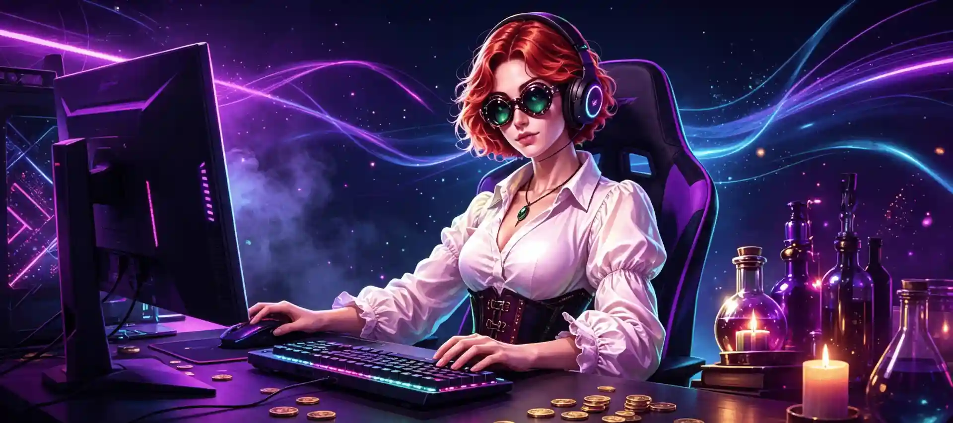 WinSpirit Casino steampunk gamer character with goggles and headphones playing at a gaming PC surrounded by potion bottles and gold coins