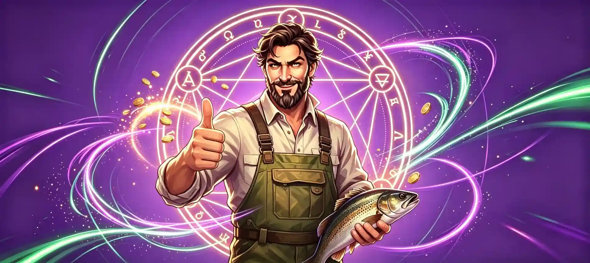 WinSpirit Casino fisherman character in overalls giving a thumbs up while holding a trout, with a mystical circle and gold coins in the background