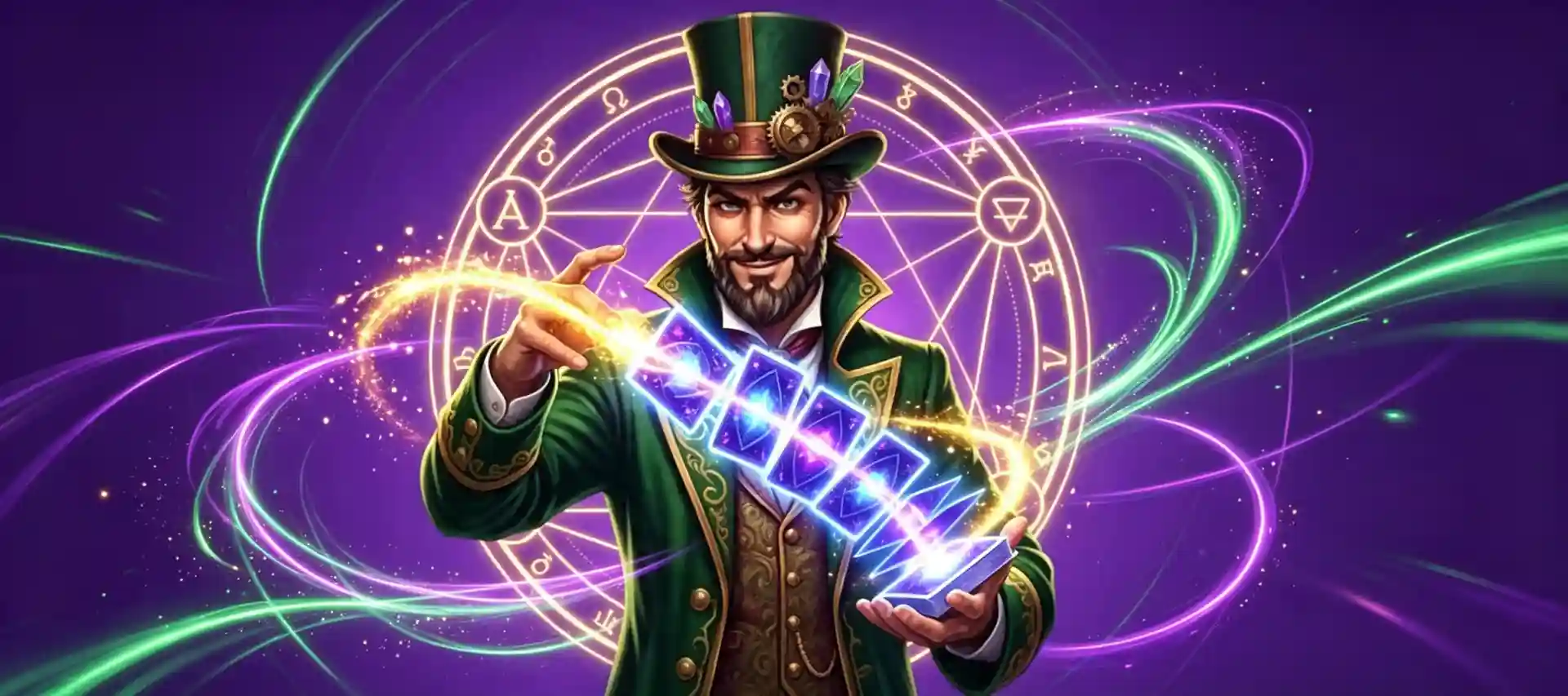 WinSpirit Casino banner featuring a steampunk magician character in a green top hat fanning a deck of glowing cards over a mystical circle