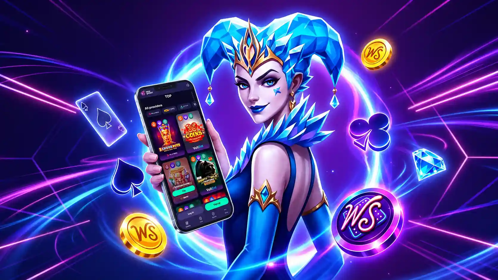 WinSpirit Casino ice jester character holding a phone showing the app's game library with login and sign up buttons, surrounded by WS coins