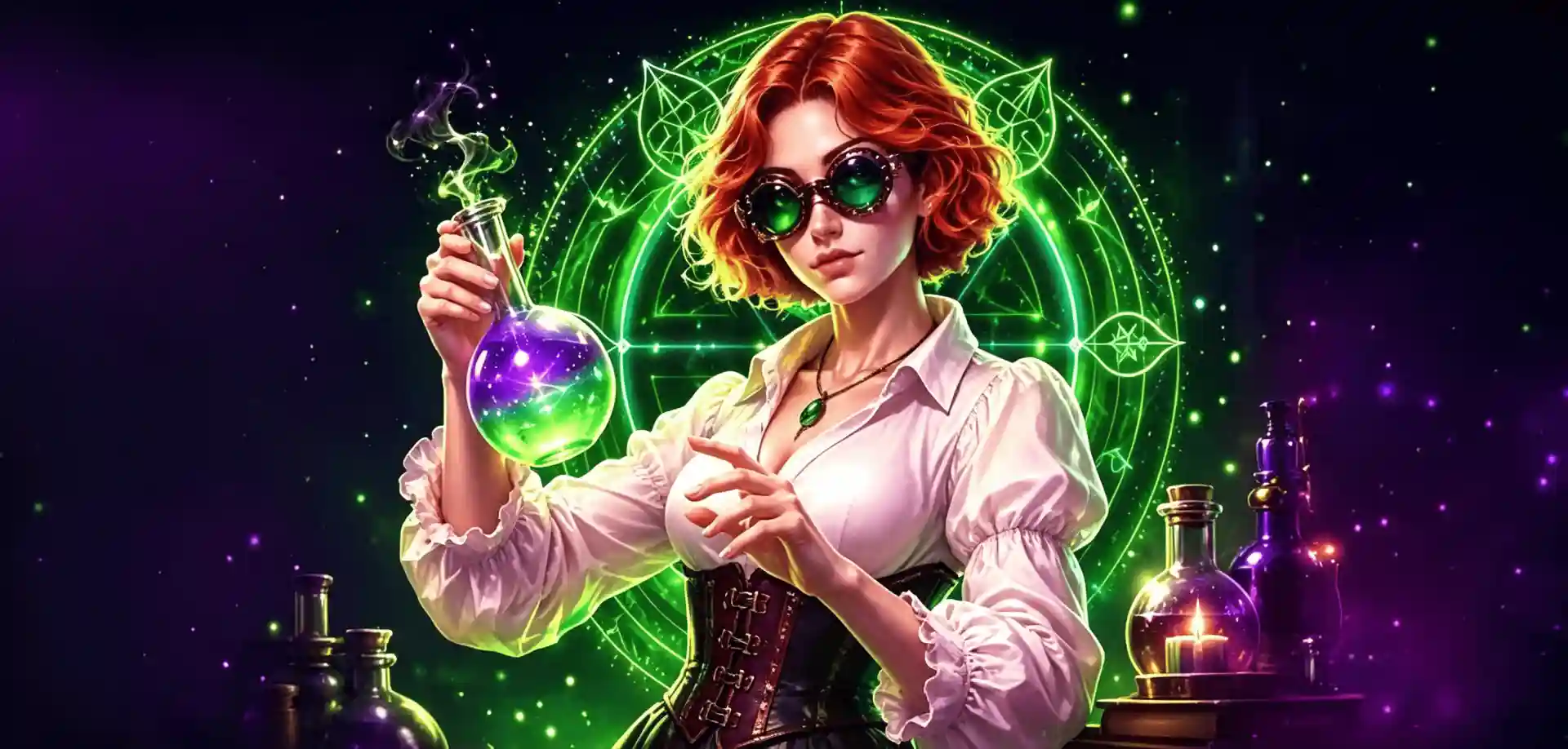 WinSpirit Casino steampunk alchemist character with goggles mixing a glowing potion, surrounded by bottles and a mystical circle