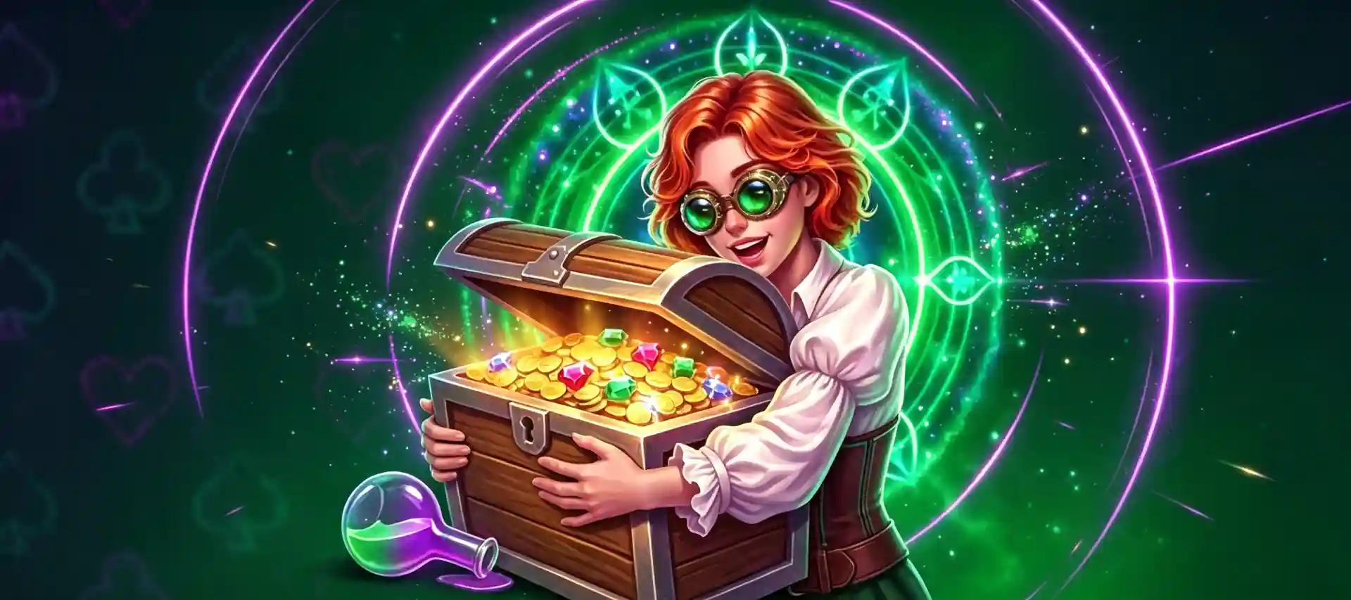 WinSpirit Casino pokies closing banner featuring a red-haired steampunk character with goggles hugging a treasure chest full of gold coins and gems