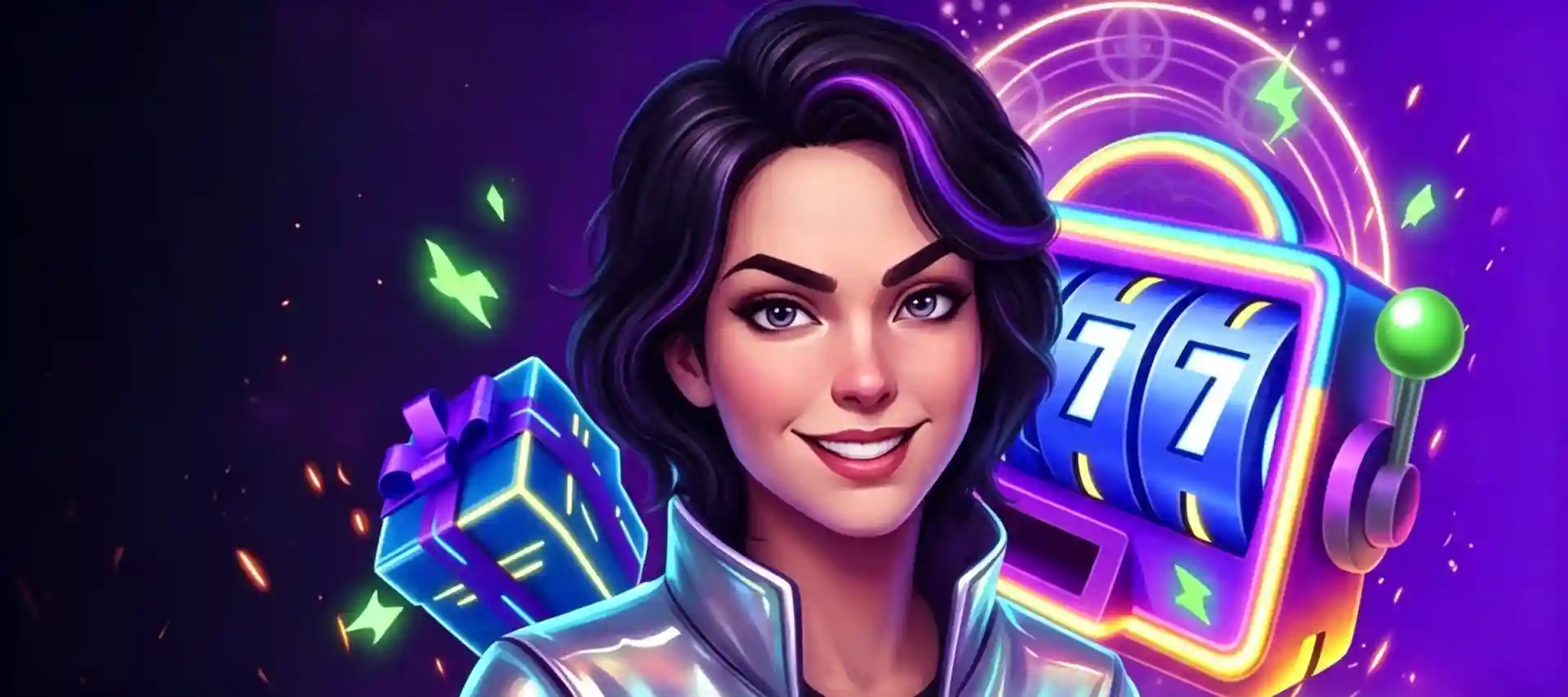 WinSpirit Casino character with dark hair in a silver jacket beside a slot machine reel showing sevens and a gift box