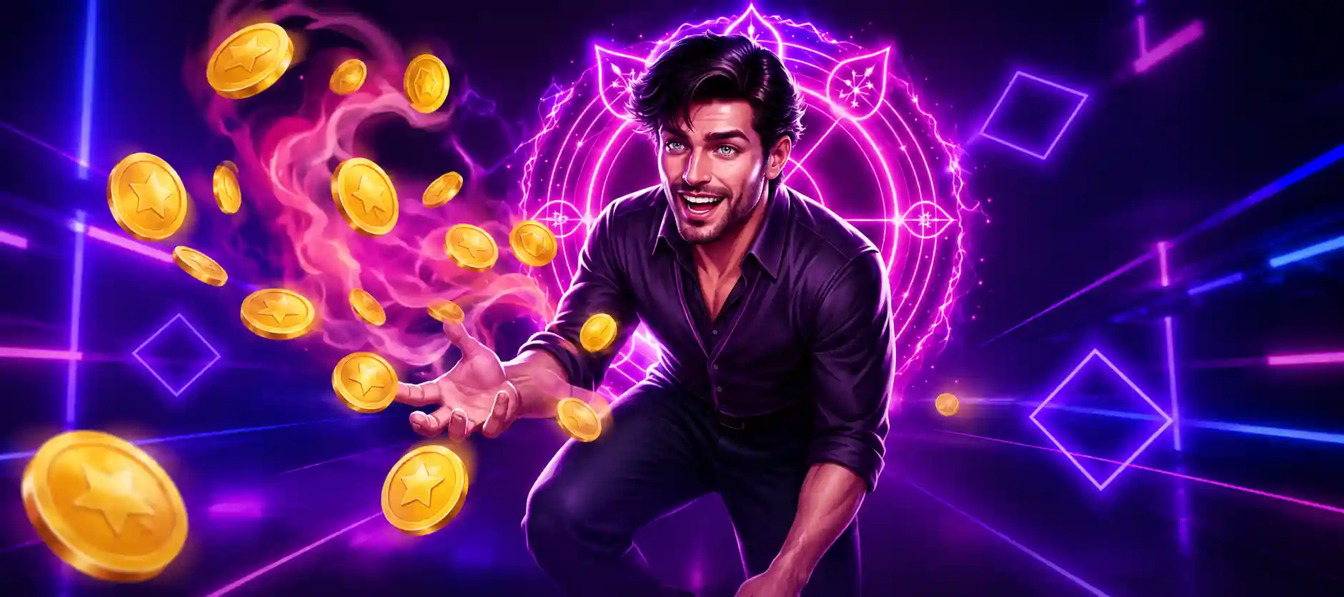 WinSpirit Casino character conjuring star coins in a burst of pink flame in front of a glowing mystical circle