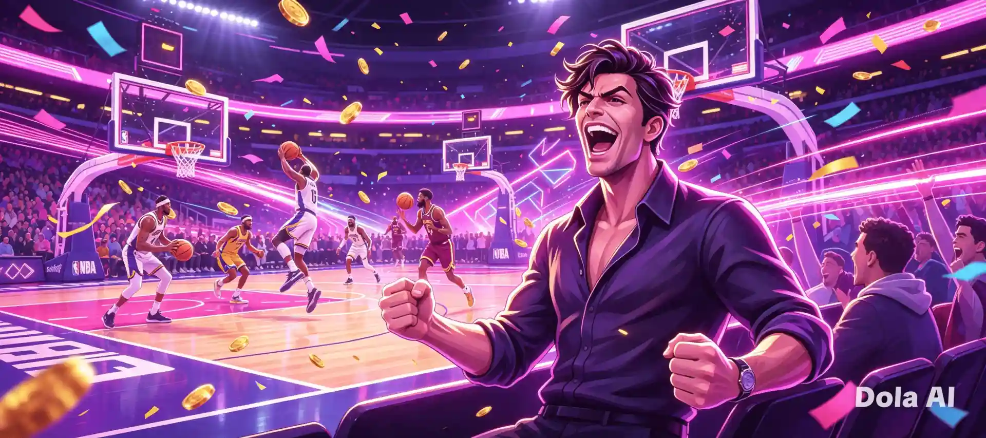 WinSpirit Casino sports betting banner showing a man celebrating courtside at a basketball game with players in action and confetti falling