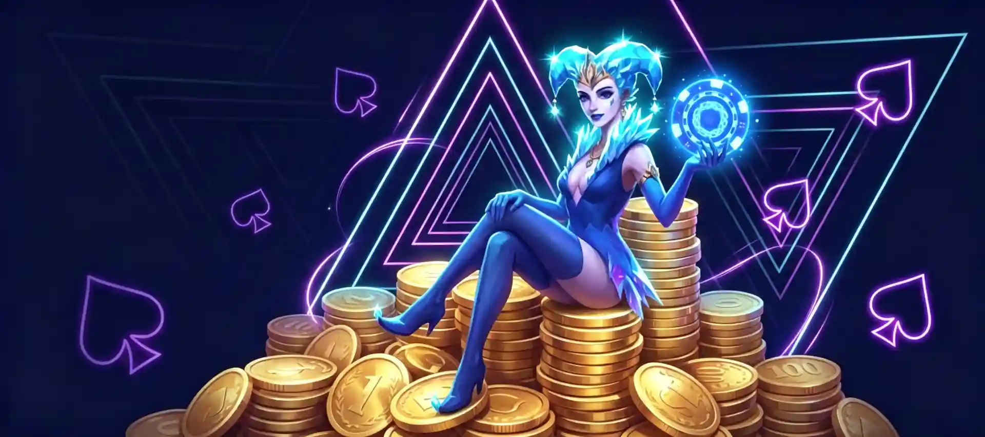 WinSpirit Casino ice jester character sitting atop a pile of gold coins holding a glowing casino chip